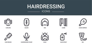 Rapor, sunum, diyagram, web tasarımı, mobil uygulama, el aynası, saç fırçası, kuaför sandalye ikonu gibi 10 ana hatlı kuaför ikonu seti
