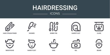 Saç düzleştirici, duş, toka, saç stilisti, kapanış, bıyık, rapor için kuaför vektör simgeleri, sunum, diyagram, web tasarımı, mobil