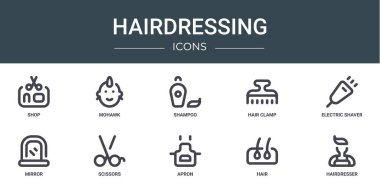 Rapor, sunum, diyagram, web tasarımı, mobil uygulama, Mohawk, şampuan, saç klempi, elektrikli tıraş makinesi, ayna, makas vektör simgeleri gibi 10 ana hatlı web kuaförü simgesi seti