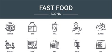 Erişte, kutu, soda, garson, burger, teslimat, rapor için soda vektör simgeleri, sunum, diyagram, web tasarımı, mobil uygulama gibi 10 ana hatlı fast food simgesi seti