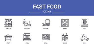 Rapor, sunum, diyagram, web tasarımı, mobil uygulama gibi 10 ana hatlı fast food ikonu seti: Erişte, dağıtım, sosisli sandviç, menü, pizza, soba, ızgara vektör simgeleri
