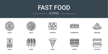 Pizza, pizza, tavuk, sandviç, gözleme, pizza, mısır vektör simgeleri, sunum, diyagram, web tasarımı, mobil uygulama gibi 10 ana hatlı fast food simgesi seti