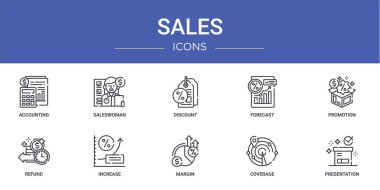 Rapor, sunum, diyagram, web tasarımı, mobil uygulama gibi 10 ana hatlı web satış ikonu seti, satış, indirim, tahmin, promosyon, geri ödeme, artış vektör simgeleri