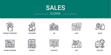 ürün destekleyici, müşteri, bb, veri, satış, çevrimiçi alışveriş, rapor, sunum, diyagram, mobil uygulama gibi 10 ana hatlı web satış ikonu seti