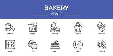 Rapor için aroon, ekmek, işçi, kek, kurabiye, çörek, pasta vektör simgeleri, sunum, diyagram, web tasarımı, mobil uygulama gibi 10 ana hatlı web fırın simgesi seti