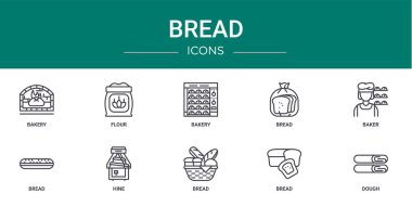 Rapor için fırın, un, fırın, ekmek, fırıncı, ekmek, hindistan cevizi vektör simgeleri, sunum, diyagram, web tasarımı, mobil uygulama gibi 10 ana hatlı web ekmek simgesi seti