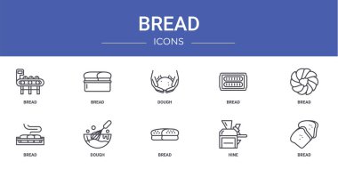 Rapor için ekmek, ekmek, hamur, hamur vektör simgeleri, sunum, diyagram, web tasarımı, mobil uygulama gibi 10 ana hatlı ekmek simgesi seti