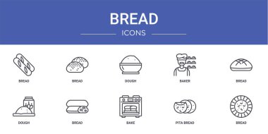 Ekmek, ekmek, hamur, fırın, hamur, rapor, sunum, diyagram, web tasarımı, mobil uygulama gibi 10 ana hatlı web ekmek simgesi seti