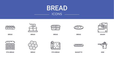 Rapor için ekmek, ekmek, hamur, pita vektör simgeleri, sunum, diyagram, web tasarımı, mobil uygulama gibi 10 ana hatlı ekmek simgesi seti