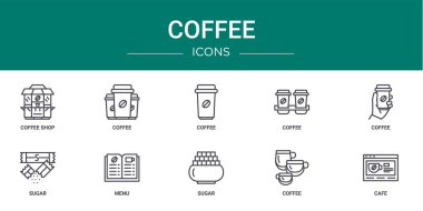 Rapor, sunum, diyagram, web tasarımı, mobil uygulama gibi 10 ana hatlı kahve ikonu seti, kahve, şeker, menü vektör simgeleri