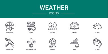 Rapor, sunum, diyagram, web tasarımı, mobil uygulama için şemsiye, rüzgar, su, ay, bulut, şemsiye, termometre vektör simgeleri gibi 10 ana hatlı hava ikonu seti
