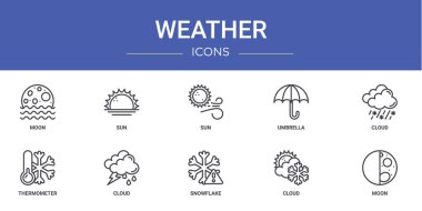 Ay, güneş, şemsiye, bulut, termometre, rapor için bulut vektör simgeleri, sunum, diyagram, web tasarımı, mobil uygulama gibi 10 ana hatlı hava durumu ikonu