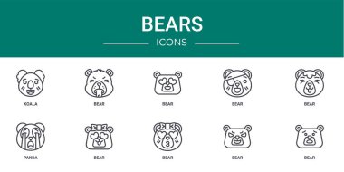Koala, ayı, ayı, panda, rapor için vektör simgeleri, sunum, diyagram, web tasarımı, mobil uygulama gibi 10 ana hatlı web ayısı simgesi seti