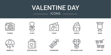Kamera, bitki, bilet, kek, içecek, şemsiye, rapor için alışveriş çantası vektör simgeleri, sunum, diyagram, web tasarımı, mobil uygulama gibi 10 ana hatlı sevgililer günü simgesi seti