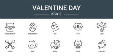 Rapor, sunum, diyagram, web tasarımı, mobil uygulama gibi 10 ana hatlı sevgililer günü simgesi (Piknik sepeti, çilek, anahtar, hediye, aşk, ok, kupa vektör simgesi)