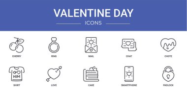 Vişne, yüzük, posta, sohbet, chote, shirt, rapor için aşk vektör simgeleri, sunum, diyagram, web tasarımı, mobil uygulama gibi 10 ana hatlı sevgililer günü simgesi kümesi