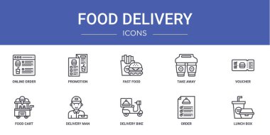 Çevrimiçi sipariş, promosyon, fast food, paket servisi, kupon, yemek arabası, rapor için dağıtım adamı vektör simgeleri, sunum, diyagram, web tasarımı, mobil tasarım gibi 10 ana hatlı yemek ikonu