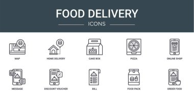 Harita, ev teslimatı, pasta kutusu, pizza dükkanı, çevrimiçi dükkan, mesaj, rapor için indirim kuponu, sunum, diyagram, web tasarımı, mobil uygulama gibi 10 ana hatlı yemek dağıtım simgesi seti