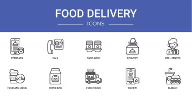 Rapor, sunum, diyagram, web tasarımı, mobil uygulama gibi 10 ana hatlı yemek dağıtım simgesi seti, geri bildirim, çağrı merkezi, yiyecek ve içecek, kağıt torba vektör simgeleri