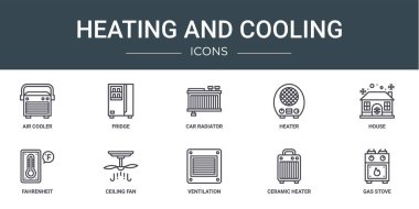 Hava soğutucu, buzdolabı, araba radyatörü, ısıtıcı, ev, fahrenheit, rapor için tavan fan ikonu, sunum, diyagram, web tasarımı, mobil tasarım gibi 10 ana hatlı web ısınma ve soğutma ikonu seti
