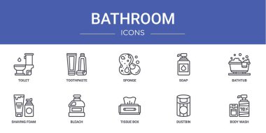 Tuvalet, diş macunu, sünger, sabun, küvet, tıraş köpüğü, çamaşır suyu, sunum, diyagram, web tasarımı, mobil uygulama gibi 10 ana hatlı banyo ikonu seti
