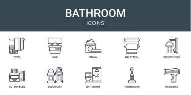 Havlu, lavabo, krem, tuvalet kağıdı, duş başlığı, pamuk tomurcukları, rapor için deodorant vektör simgeleri, sunum, diyagram, web tasarımı, mobil uygulama gibi 10 ana hatlı tuvalet ikonu seti