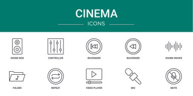 Ses kutusu, denetleyici, geri, geri, ses dalgaları, dizin, rapor için tekrar vektör simgeleri, sunum, diyagram, web tasarımı, mobil uygulama gibi 10 ana hatlı web sinema simgesi seti