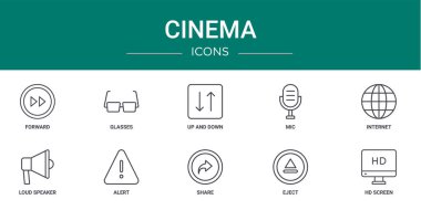İleri, gözlük, yukarı ve aşağı, mikrofon, internet, hoparlör, rapor için uyarı vektör simgeleri, sunum, diyagram, mobil uygulama gibi 10 ana hatlı web sinema simgesi seti