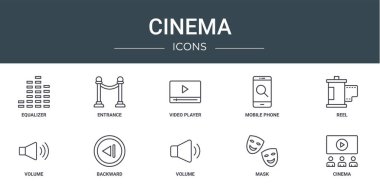 Rapor için 10 ana hatlı web sinema simgesi, eşitleyici, giriş, video oynatıcı, cep telefonu, makara, hacim, ters vektör simgeleri, sunum, diyagram, web tasarımı, mobil uygulama gibi