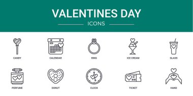 Şekerleme, takvim, yüzük, dondurma, cam, parfüm, çörek vektör simgeleri, sunum, diyagram, web tasarımı, mobil uygulama gibi 10 ana hatlı sevgililer günü simgesi seti