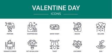 Parfüm, alışveriş çantası, sinema bileti, kilidi açmak, balon, romantik yemek, rapor için sıcak hava balonu vektör simgeleri, sunum, diyagram, web tasarımı gibi 10 ana hatlı sevgililer günü ikonu seti,
