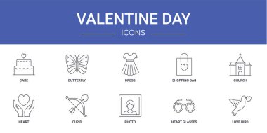 Pasta, kelebek, elbise, alışveriş çantası, kilise, kalp, aşk tanrısı vektör simgeleri, sunum, diyagram, web tasarımı, mobil uygulama gibi 10 ana hatlı sevgililer günü simgesi seti