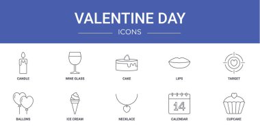 Mum, şarap kadehi, pasta, dudaklar, hedef, balonlar, rapor için dondurma vektör simgeleri, sunum, diyagram, web tasarımı, mobil uygulama gibi 10 ana hatlı sevgililer günü simgesi