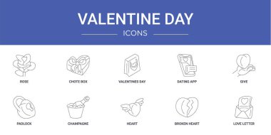Gül, chote box, sevgililer günü, flört uygulaması, hediye, asma kilit, rapor için şampanya vektör simgeleri, sunum, diyagram, web tasarımı, mobil uygulama gibi 10 ana hatlı sevgililer günü simgesi seti