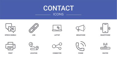 Konuşma balonu, link, laptop, megafon, akıllı telefon, yazdırma, rapor için konum vektör simgeleri, sunum, diyagram, web tasarımı, mobil uygulama gibi 10 ana hatlı iletişim simgesi seti