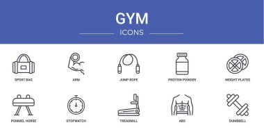 Spor çantası, kol, ip atlama, protein tozu, ağırlık plakaları, kulplu beygir, kronometre vektör simgeleri, sunum, diyagram, web tasarımı, mobil uygulama gibi 10 ana hatlı web spor simgesi seti