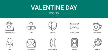 Alışveriş çantası, fincan, chotes, aşk mektubu, sıcak chote, chat, rapor için aşk harfi vektör simgeleri, sunum, diyagram, web tasarımı, mobil uygulama gibi 10 ana hatlı sevgililer günü simgesi seti