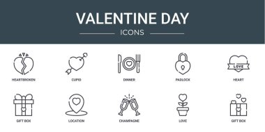 Kalp kırıklığı, Aşk Tanrısı, akşam yemeği, asma kilit, kalp, hediye kutusu, rapor için konum vektör simgeleri, sunum, diyagram, web tasarımı, mobil uygulama gibi 10 ana hatlı sevgililer günü simgesi seti