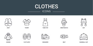 Rapor için yelek, t-shirt, kolsuz tişört, kol saati, şapka, kapüşon, parmak arası terlik vektör simgeleri, sunum, diyagram, web tasarımı, mobil uygulama gibi 10 ana hatlı kıyafet simgesi seti