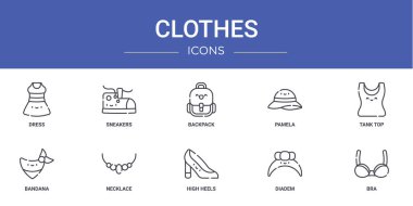 Giysi, spor ayakkabı, sırt çantası, pamela, kolsuz bluz, bandana, rapor için kolye vektör simgeleri, sunum, diyagram, web tasarımı, mobil uygulama gibi 10 ana hatlı giysi simgesi seti