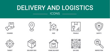 Rapor, sunum, diyagram, web tasarımı, mobil uygulama gibi 10 ana hatlı web dağıtım ve lojistik ikonu seti (kurye, boyut, kırılgan, güvenlik, hedef, iletim kutusu vektör simgeleri)