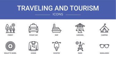 Orman, pikap, gemi, atlıkarınca, kamp, rulet tekerleği, kapüşonlu vektör simgeleri, sunum, diyagram, web tasarımı, mobil uygulama gibi 10 ana hatlı ağ seyahat ve turizm simgesi seti