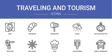 Harita, kruvasan, balıkçı ağı, bulut, sıcak su şişesi, anahtarlık, rapor, sunum, diyagram, web tasarımı gibi 10 ana hatlı ağ seyahat ve turizm ikonu seti,