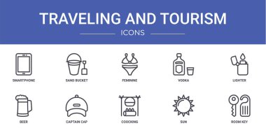 Akıllı telefon, kum kovası, kadın, votka, çakmak, bira, rapor için kaptan başlığı vektör simgeleri, sunum, diyagram, web tasarımı, mobil uygulama gibi 10 ana hatlı web seyahat ve turizm simgelerinden oluşan bir set