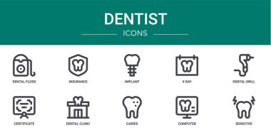 Rapor için diş ipi, sigorta, implant, x ray, diş matkabı, sertifika, diş kliniği vektör simgeleri, sunum, diyagram, web tasarımı, mobil uygulama gibi 10 ana hatlı web dişçi simgesi seti