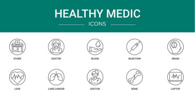 Rapor için depolama, doktor, kan, enjeksiyon, beyin, aşk, akciğer kanseri vektör simgeleri, sunum, diyagram, web tasarımı, mobil uygulama gibi 10 ana hatlı sağlık simgesi seti