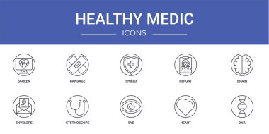 Rapor için ekran, bandaj, kalkan, rapor, beyin, zarf, steteskop vektör simgeleri, sunum, diyagram, web tasarımı, mobil uygulama gibi 10 ana hatlı sağlık simgesi seti
