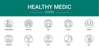 Mikroskop, hastane, MRI, skaler, böbrek, kayıt, hap vektör simgeleri, rapor için sunum, diyagram, web tasarımı, mobil uygulama gibi 10 ana hatlı sağlık simgesi seti