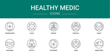 Transfüzyon, covid, report, hospital, heart, facemaske, report, bottle vektör simgeleri gibi 10 ana hatlı sağlık simgesi, sunum, diyagram, web tasarımı, mobil uygulama
