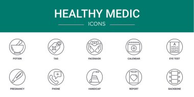 Rapor, sunum, diyagram, web tasarımı, mobil uygulama gibi 10 ana hatlı web saglik simgesi seti (iksir, etiket, yüz maskesi, takvim, göz testi, gebelik, telefon vektör simgeleri)